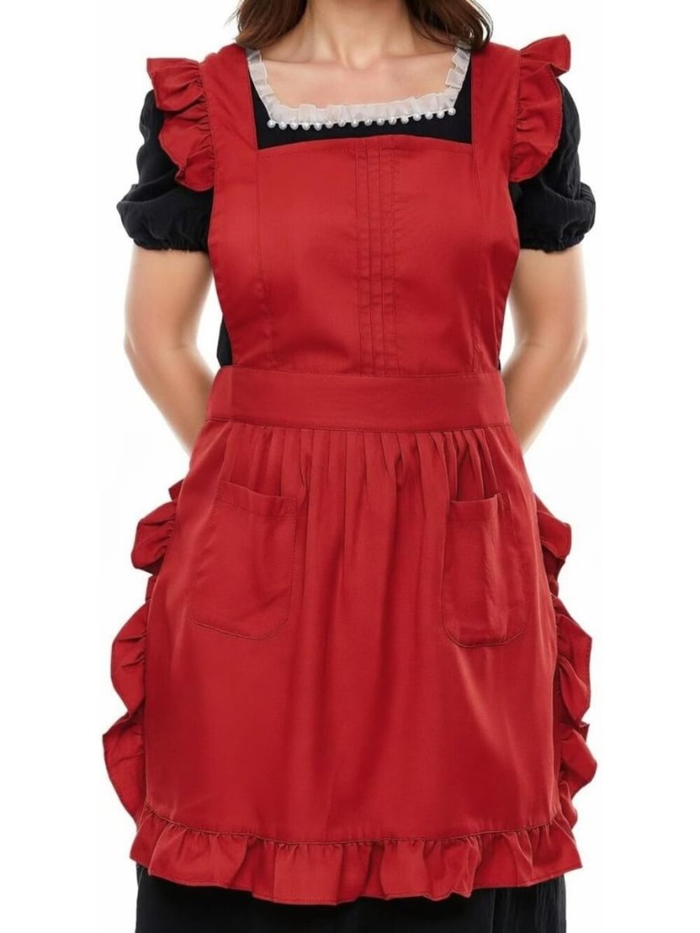 Retro Adjustable Ruffle Apron with Pockets, Small to Plus Size Ladies